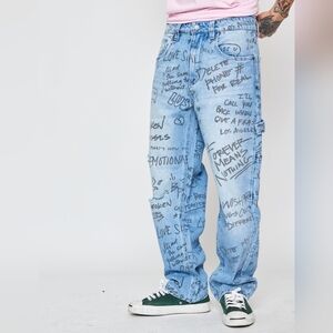 Broken Promises Triple Text Medium Wash Blue Carpenter Jeans Size 28